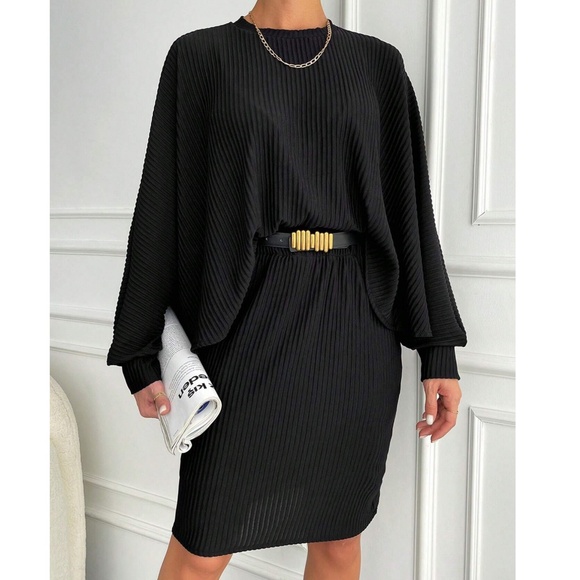 Classic Black Batwing Sleeve Top Ribbed Skirt Set - Picture 3 of 6